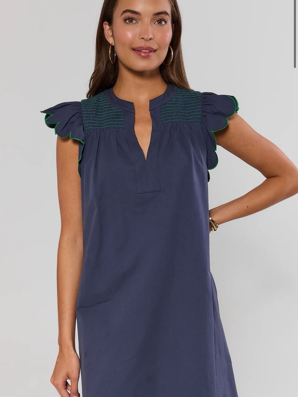 Scalloped Sleeve Navy Mini Dress with Green Trim